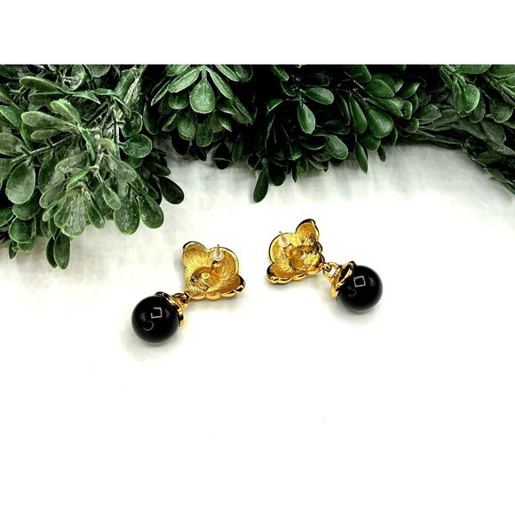 Gold and Black Enamel Flower Earrings With Crystal Accents and Black Beads - Picture 6 of 8